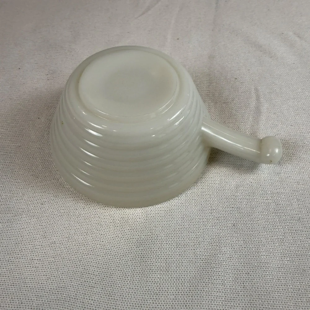 Fire-King Milk Glass Ribbed Chili Bowl with Handle White Vintage USA Made 5in